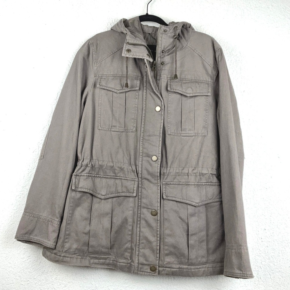 Lucky Brand Khaki Utility Jacket - L - Hooded Quilted Field Coat Utility Casual